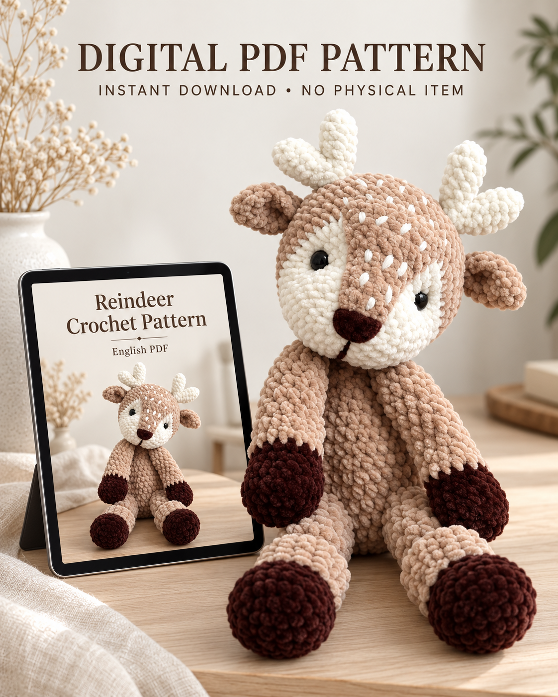 Reindeer Crochet Pattern PDF – Plush Amigurumi Deer, Easy Low-Sew