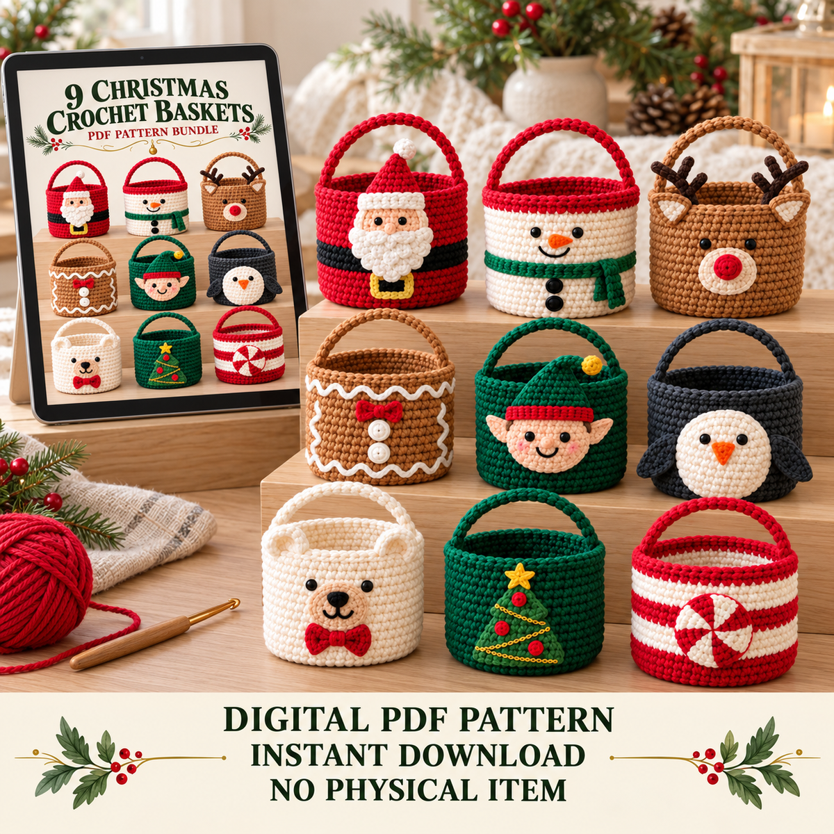 9 Christmas Crochet Basket Patterns PDF Bundle – Santa, Snowman & Reindeer