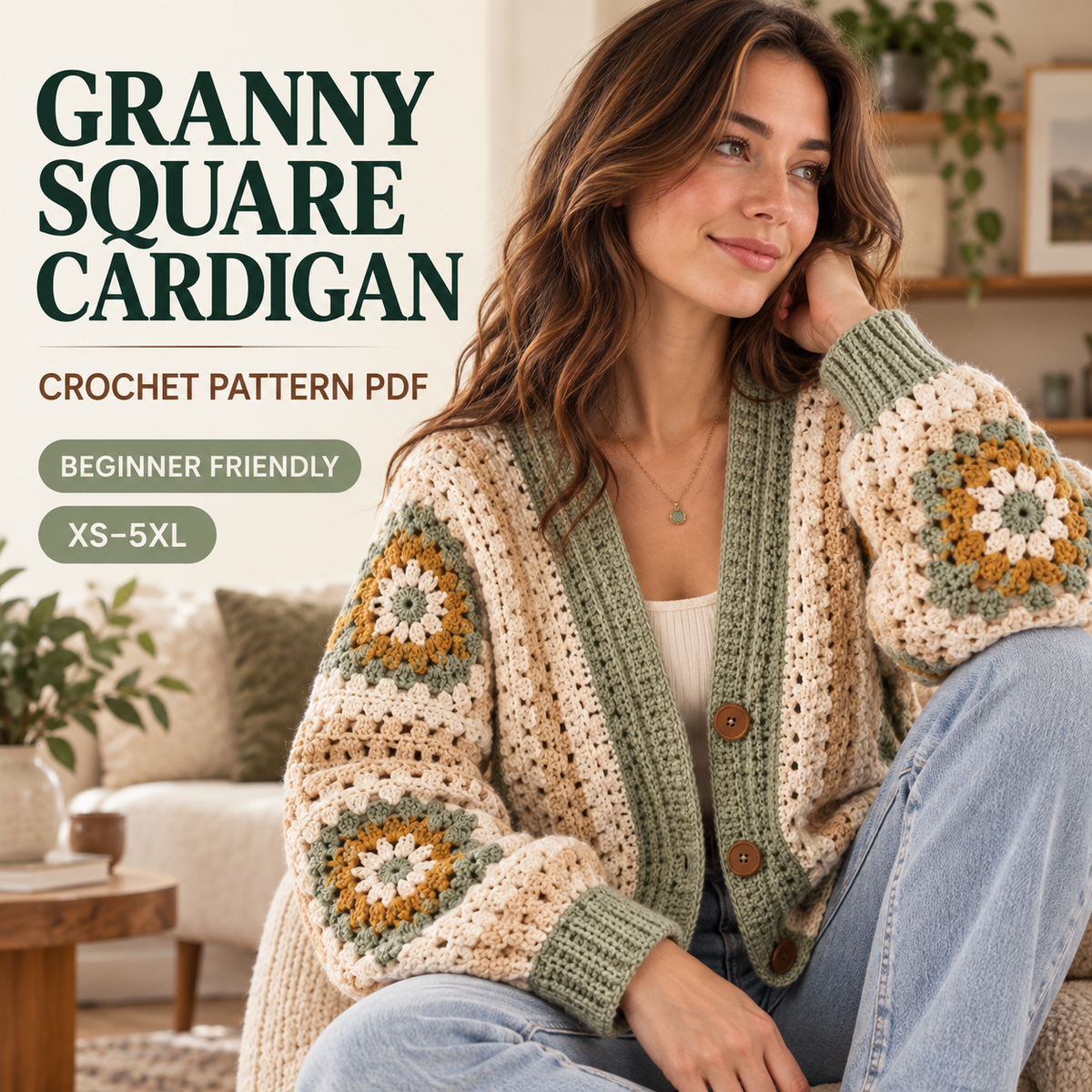 Granny Square Cardigan Crochet Pattern – Beginner Oversized Sweater XS–5XL PDF