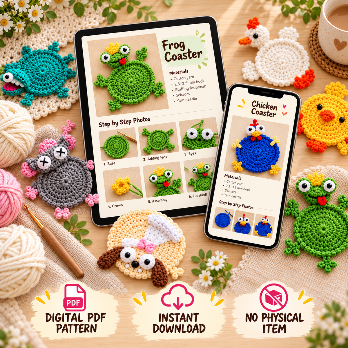 Crochet Animal Coaster Pattern Bundle PDF – Cute Mug Huggers