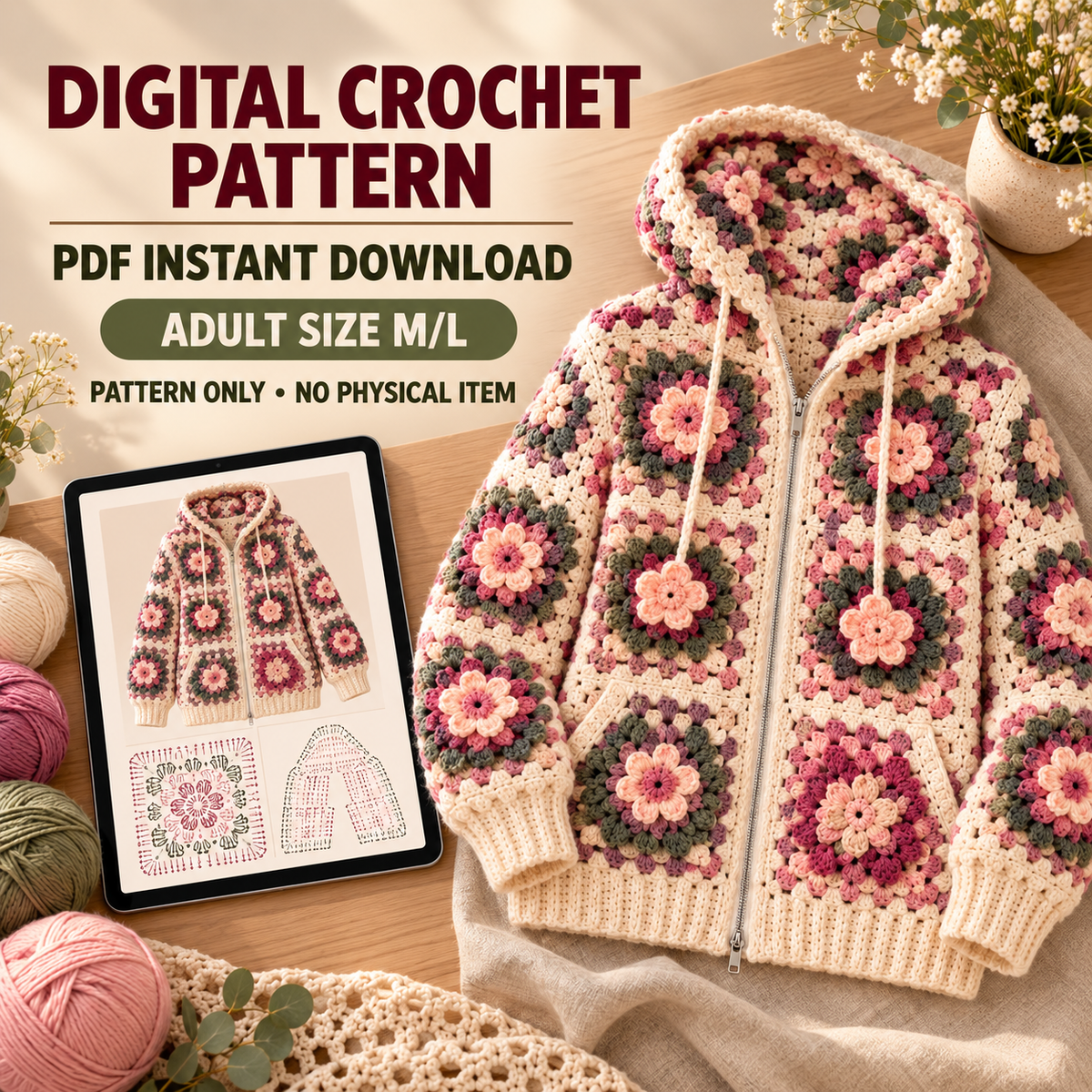 Floral Granny Square Hoodie Crochet Pattern PDF, 3D Flower Zip Up Cardigan, Adult M/L