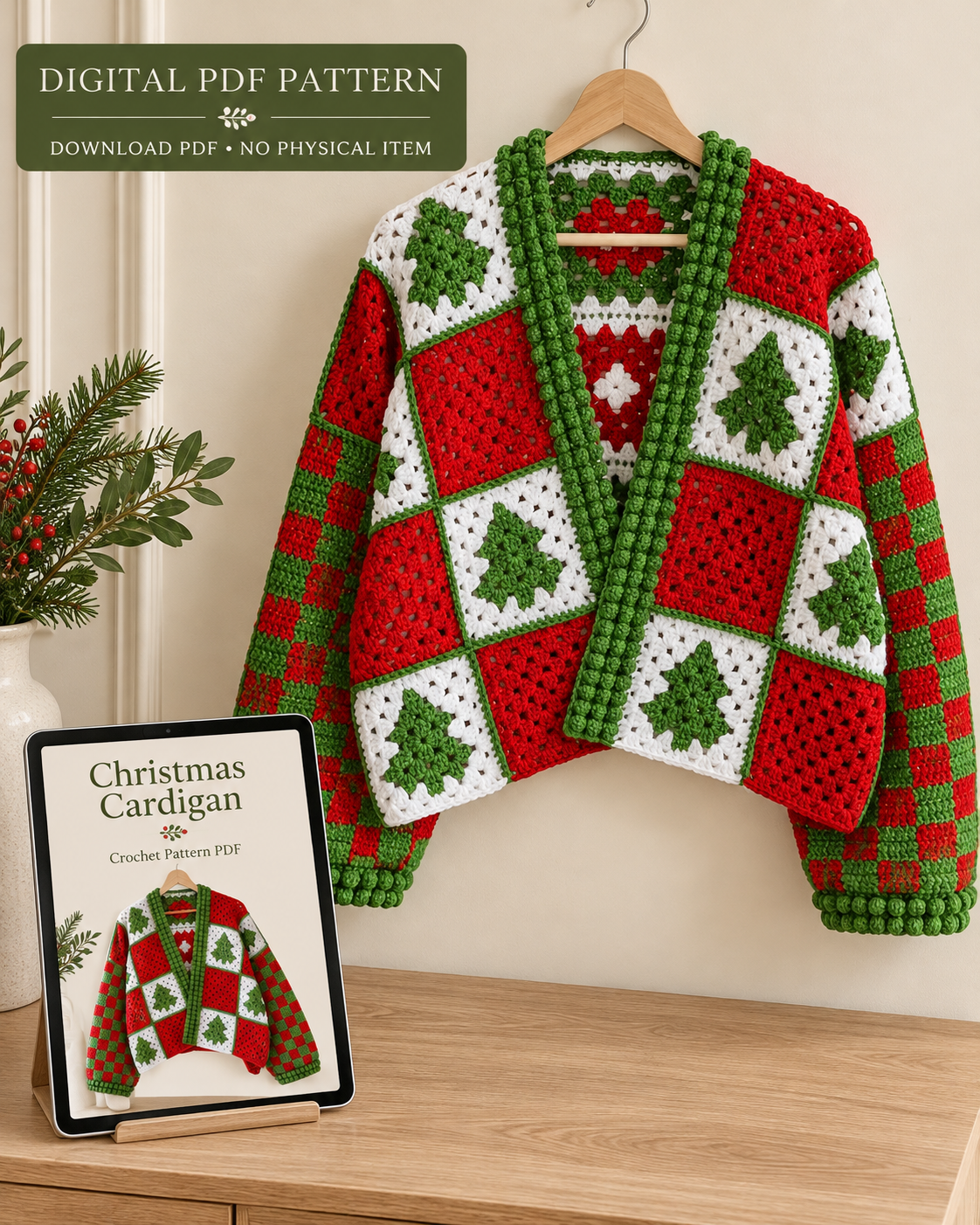 Christmas Crochet Cardigan Pattern PDF – Beginner Holiday Sweater