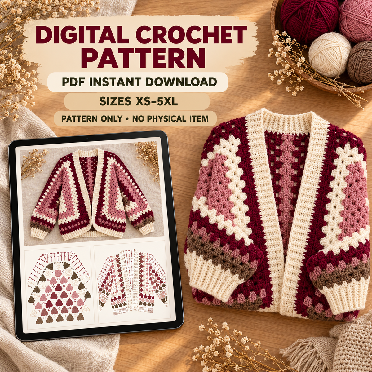 Oversized Hexi Cardigan Crochet Pattern, Granny Stitch Colour Block Sweater PDF, XS–5XL