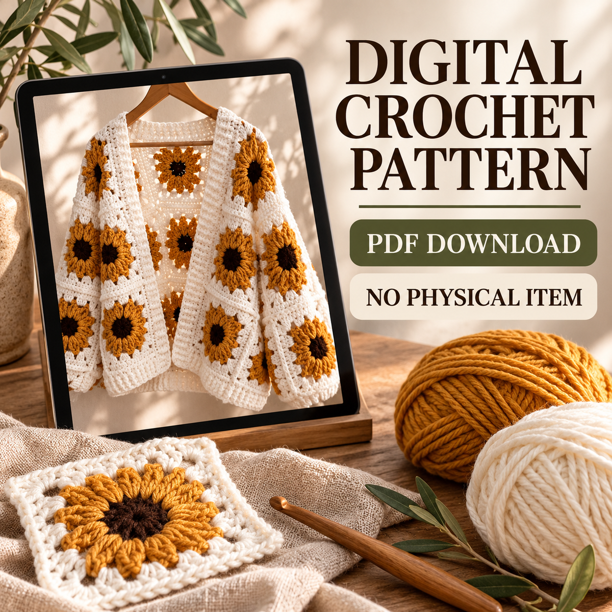 Sunflower Granny Square Crochet Cardigan Pattern PDF, Oversized Floral Sweater