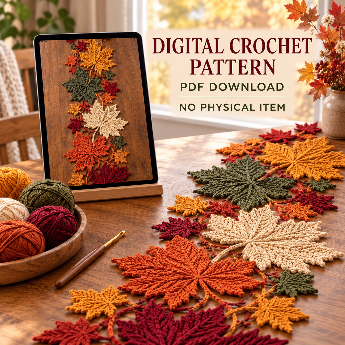 Maple Leaf Crochet Table Runner Pattern PDF – Autumn Botanical Decor