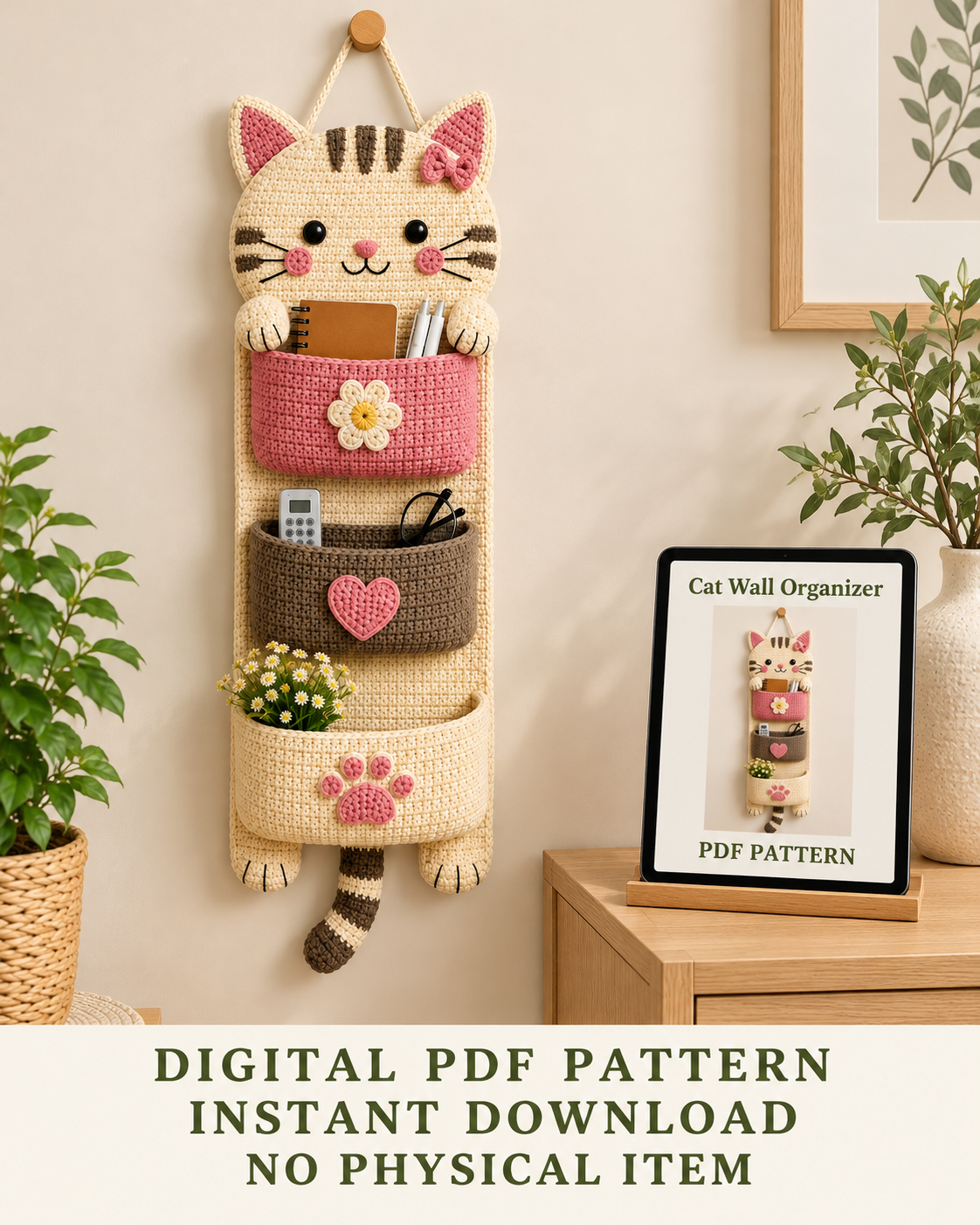 Crochet Cat Wall Organizer Pattern PDF – Kawaii Hanging Storage