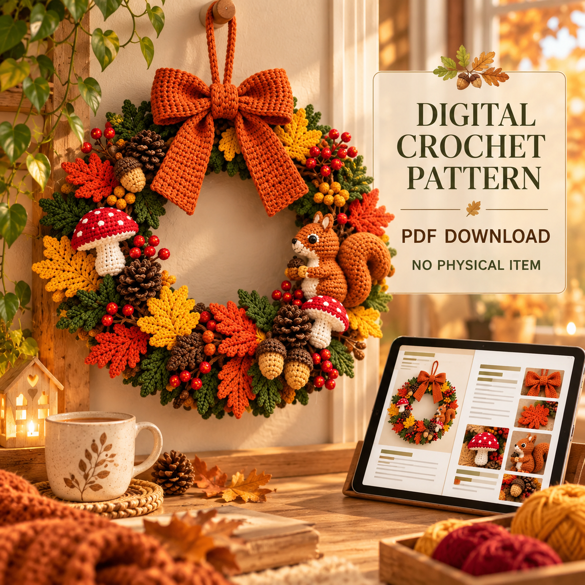 Fall Crochet Wreath Pattern PDF, Woodland Squirrel Mushroom & Acorn Door Decor