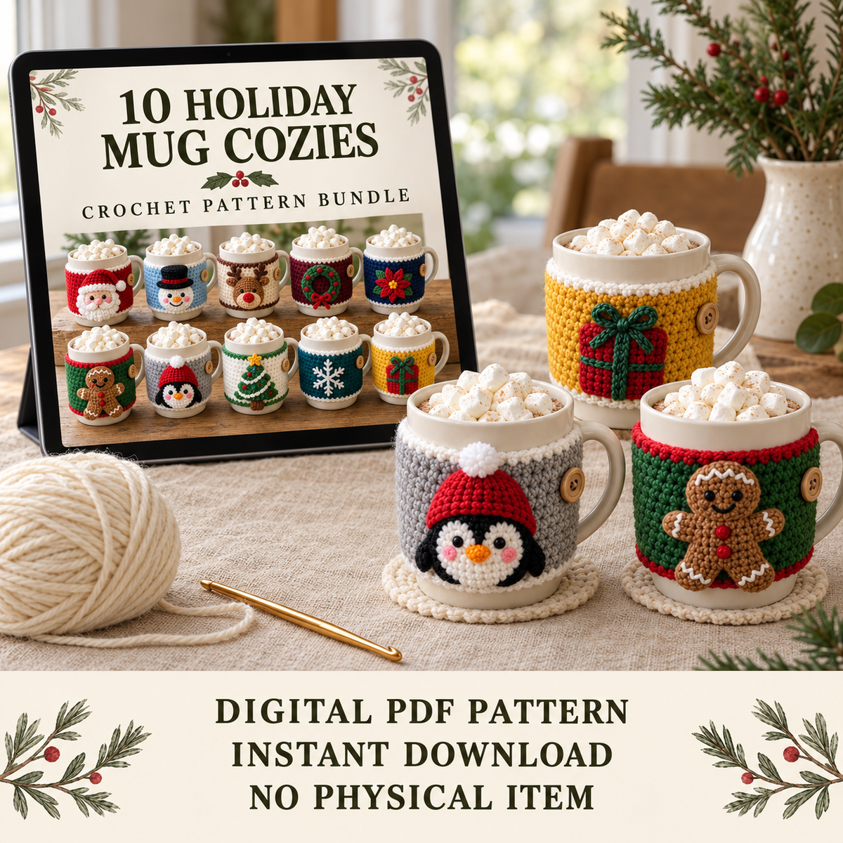 10 Christmas Mug Cozy Crochet Patterns PDF – Beginner Holiday Bundle