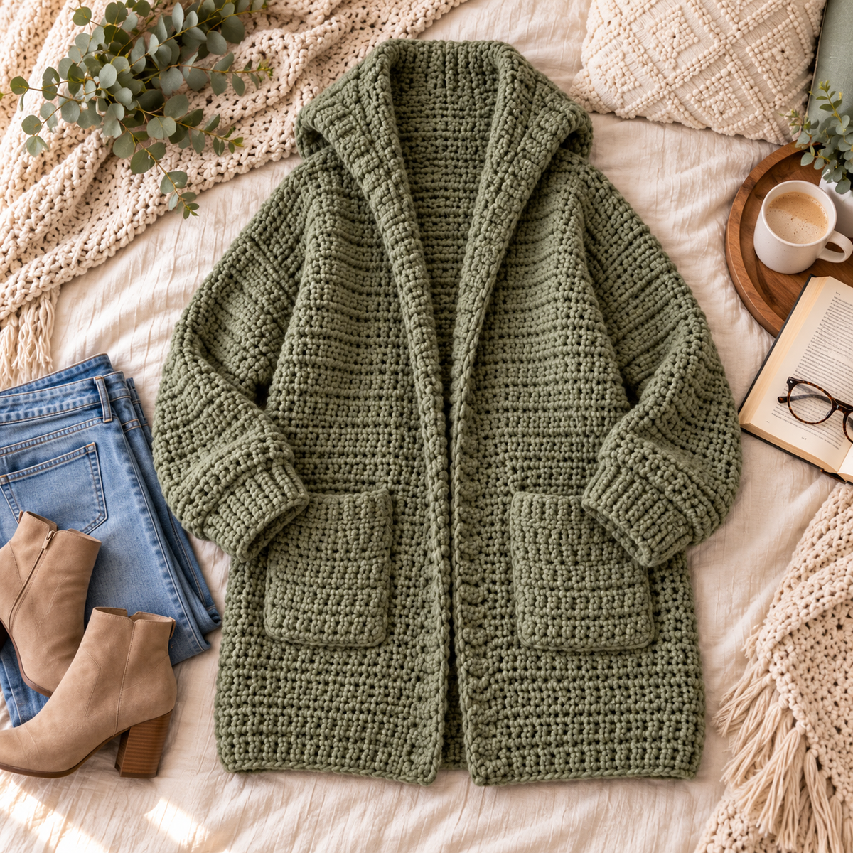 Chunky Crochet Cardigan Pattern PDF | Oversized Hooded Jacket with Pockets