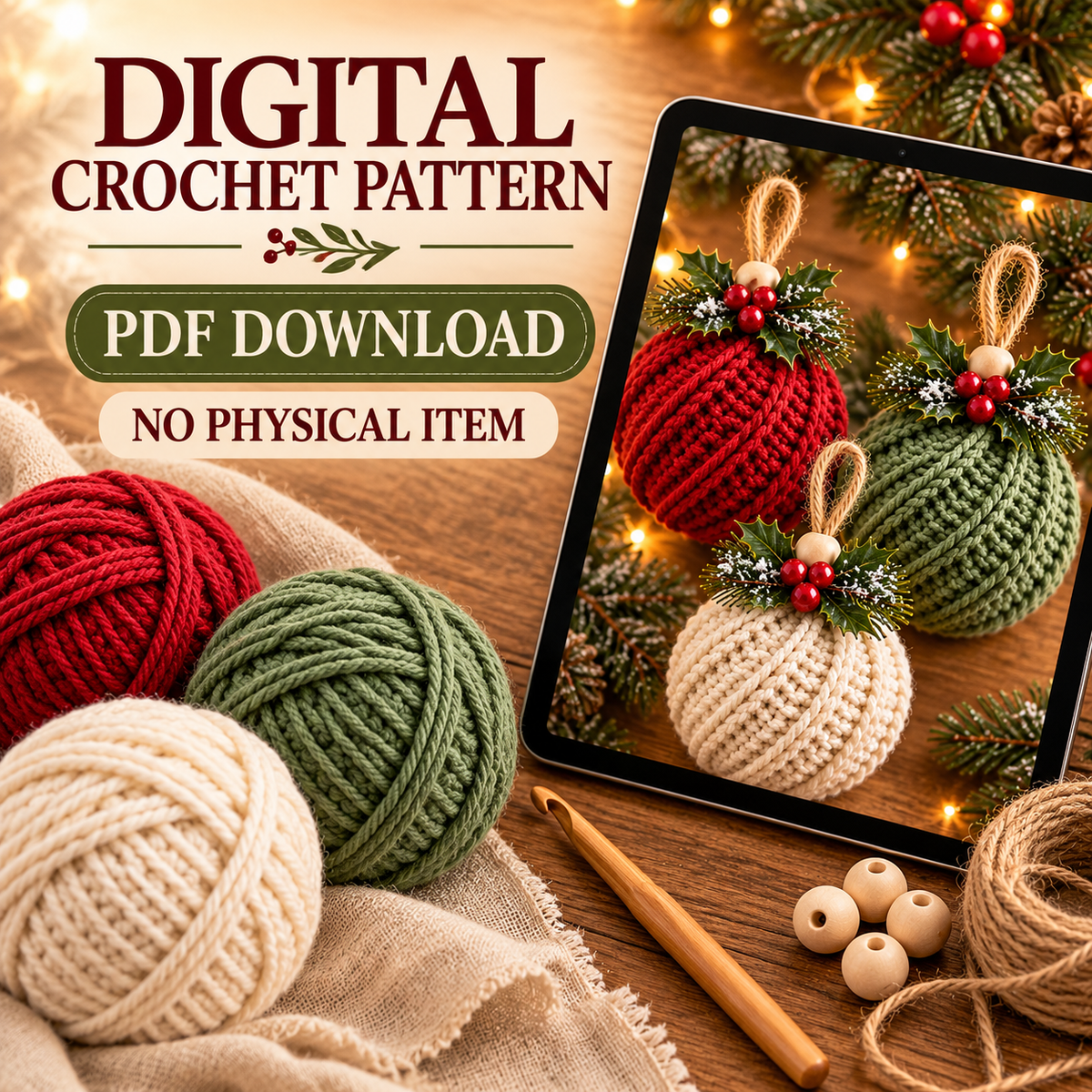 Crochet Christmas Ornament Pattern PDF, Twisted Rib Bauble, Wooden Bead & Linen Bow