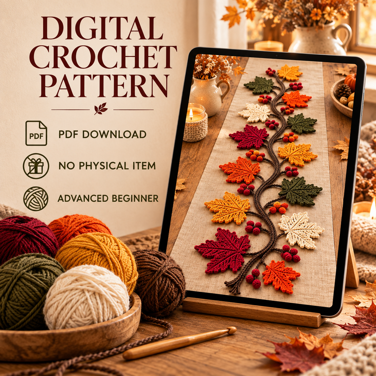 Autumn Leaf Table Runner Crochet Pattern PDF – Maple Leaf Vine Decor