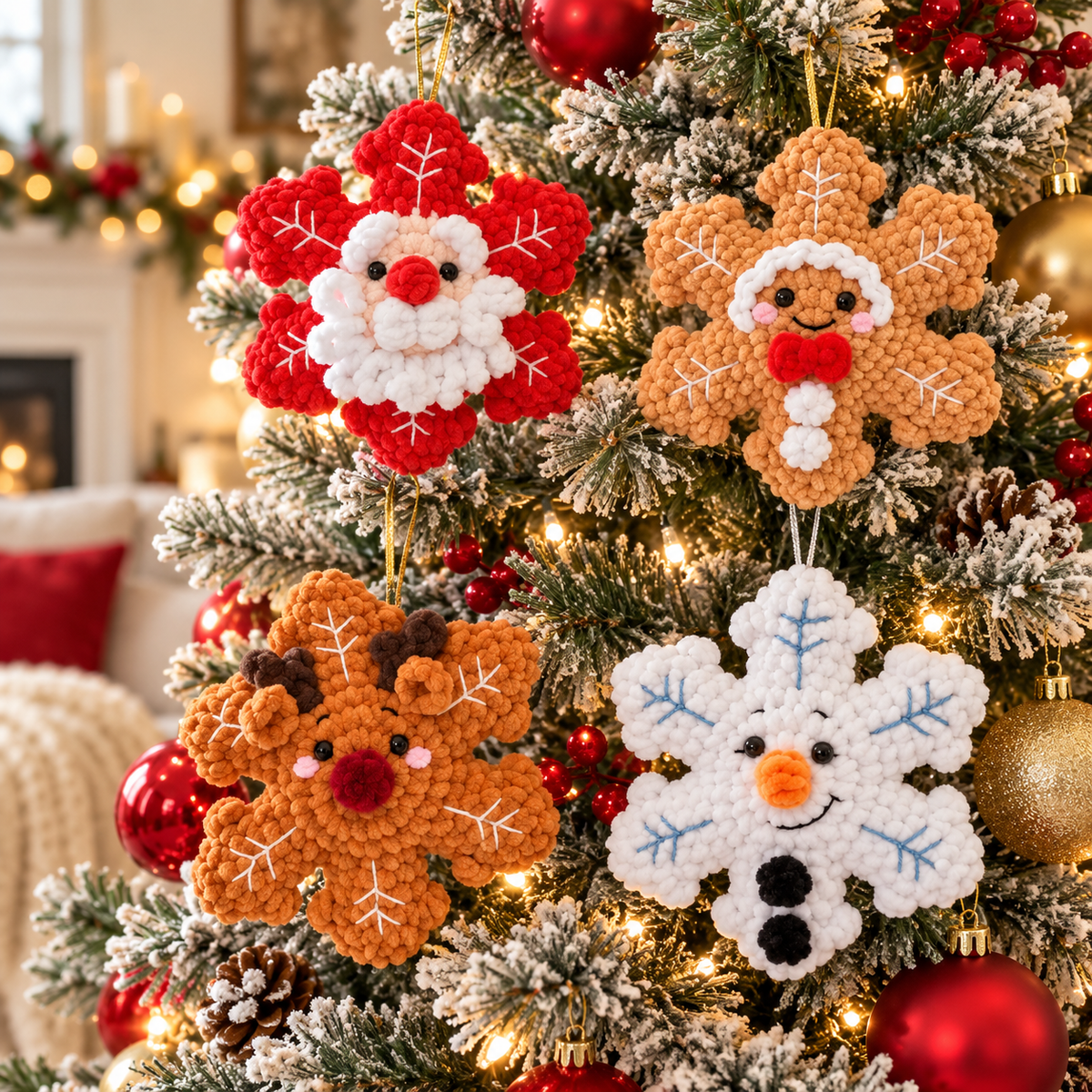No Sew Crochet Snowflake Pattern PDF, Christmas Amigurumi Santa Reindeer Snowman Gingerbread