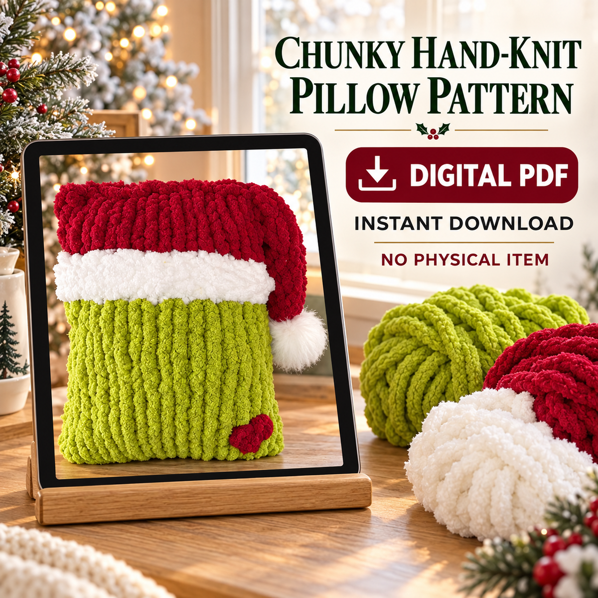 Grinch Christmas Pillow Pattern PDF – Chunky Hand Knit Santa Pillow
