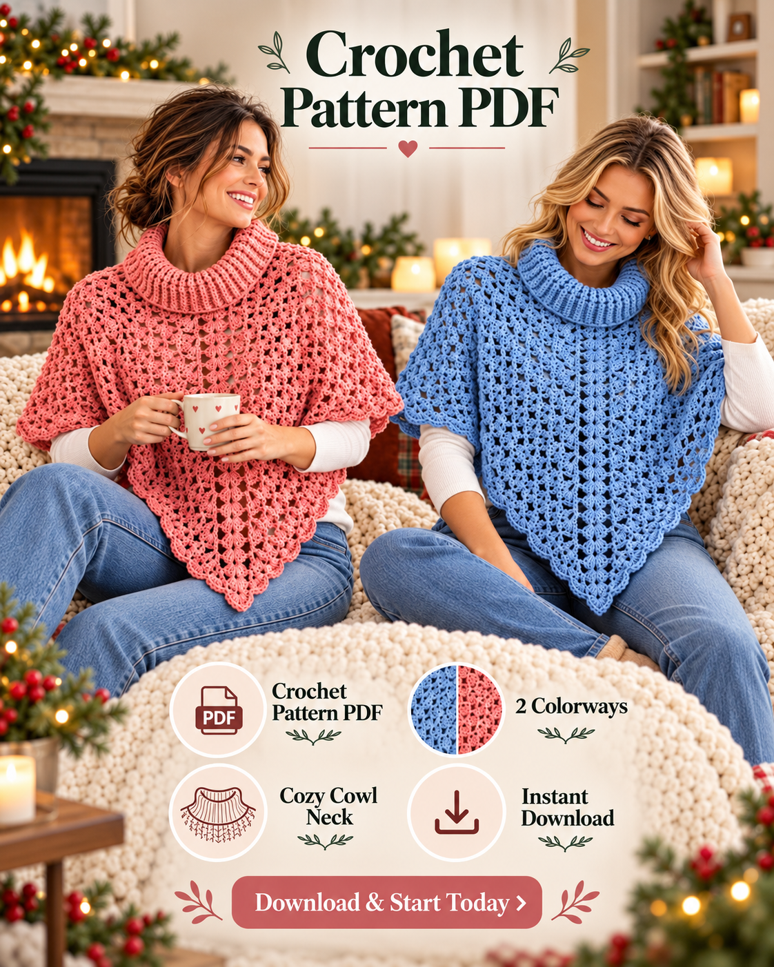 Crochet Turtleneck Poncho Pattern PDF – Lace Poncho for Women