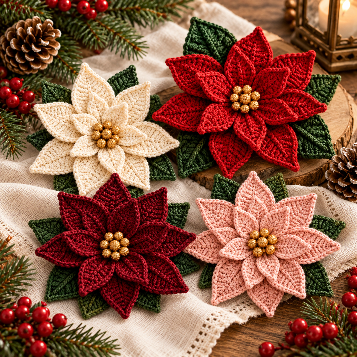 Crochet Poinsettia Pattern PDF – Christmas Flower for Napkin Rings & Ornaments