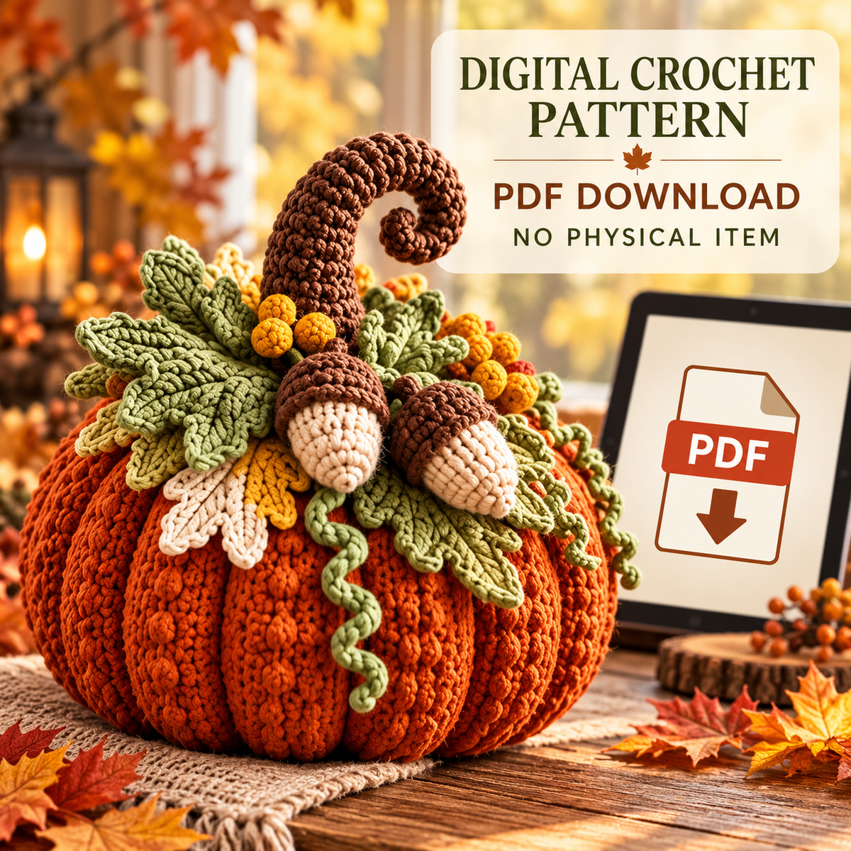 Fall Pumpkin Crochet Pattern PDF, Autumn Woodland Acorn & Leaf Home Decor