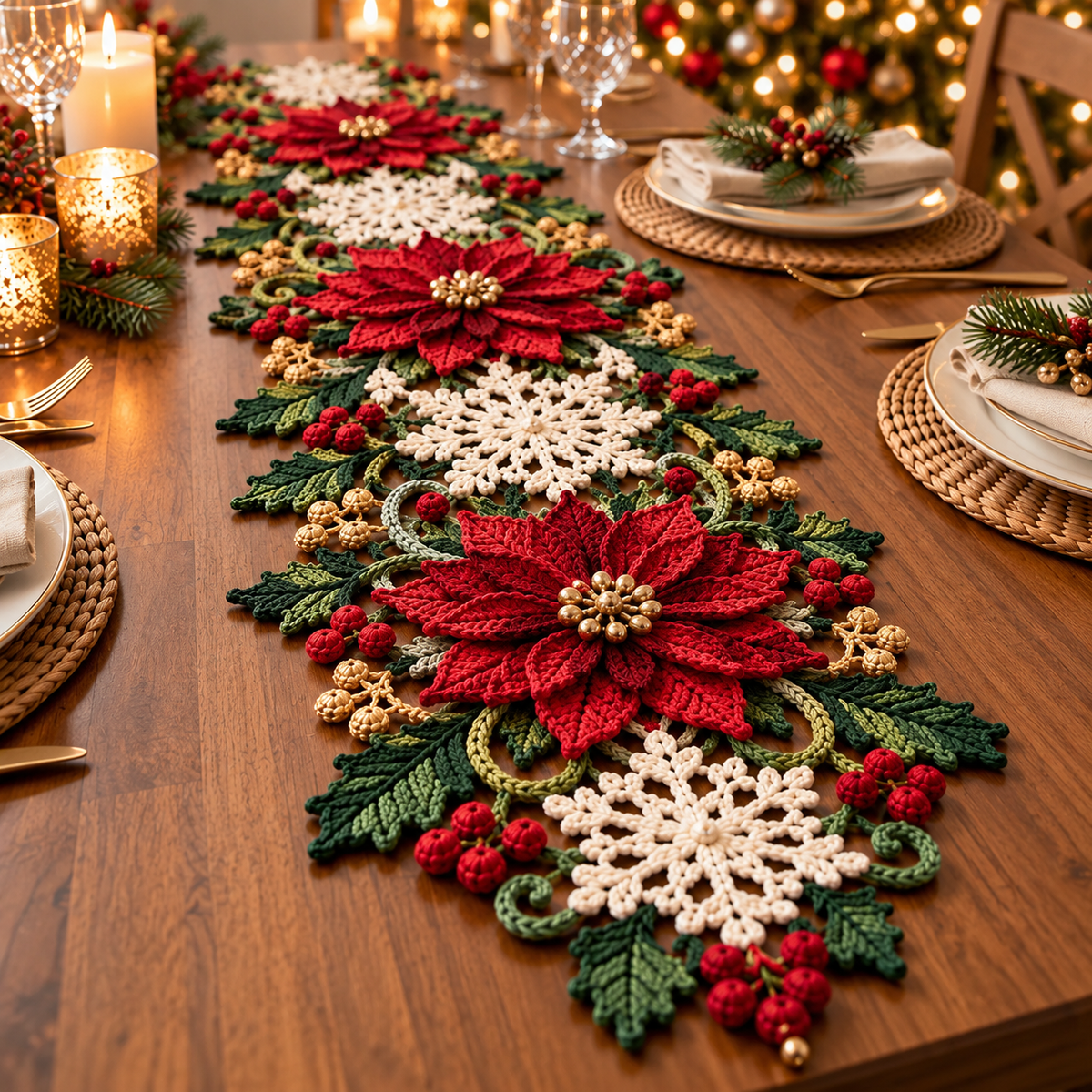 Poinsettia Snowflake Crochet Table Runner Pattern PDF, Christmas Table Decor