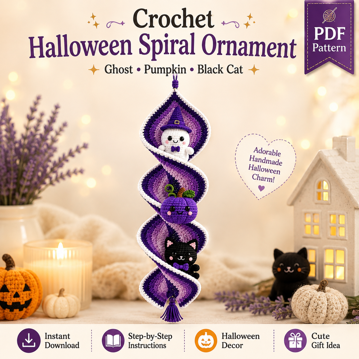 Halloween Crochet Spiral Wind Spinner Pattern PDF, Ghost Pumpkin Cat Amigurumi Spooky Hanging Decor Tutorial
