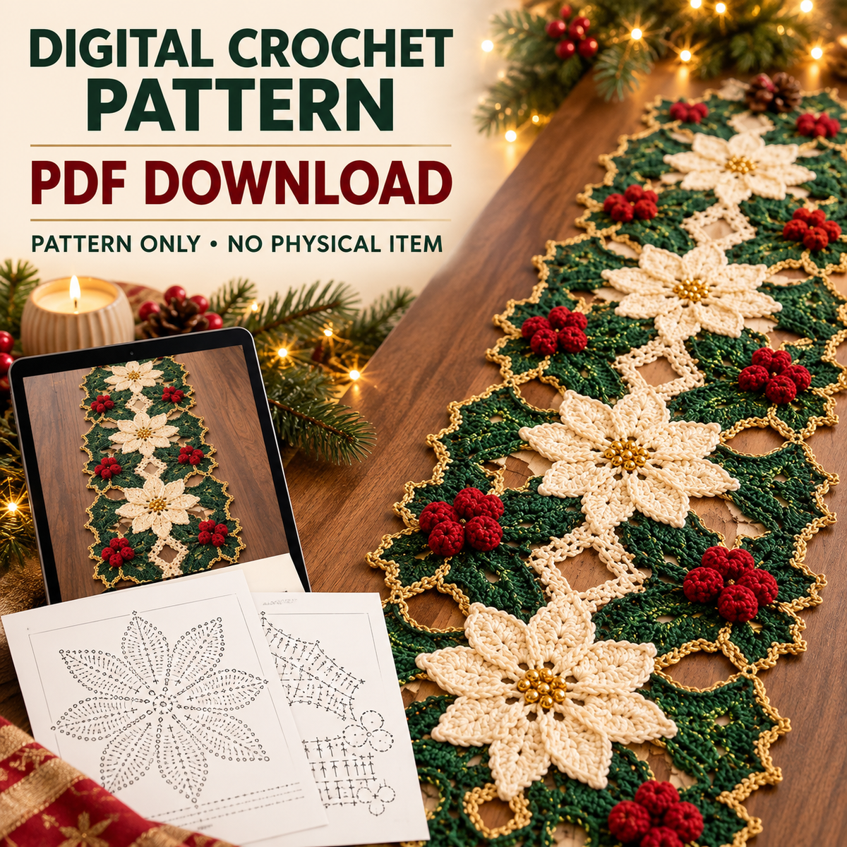 Christmas Crochet Table Runner Pattern PDF, Poinsettia Holiday Table Decor