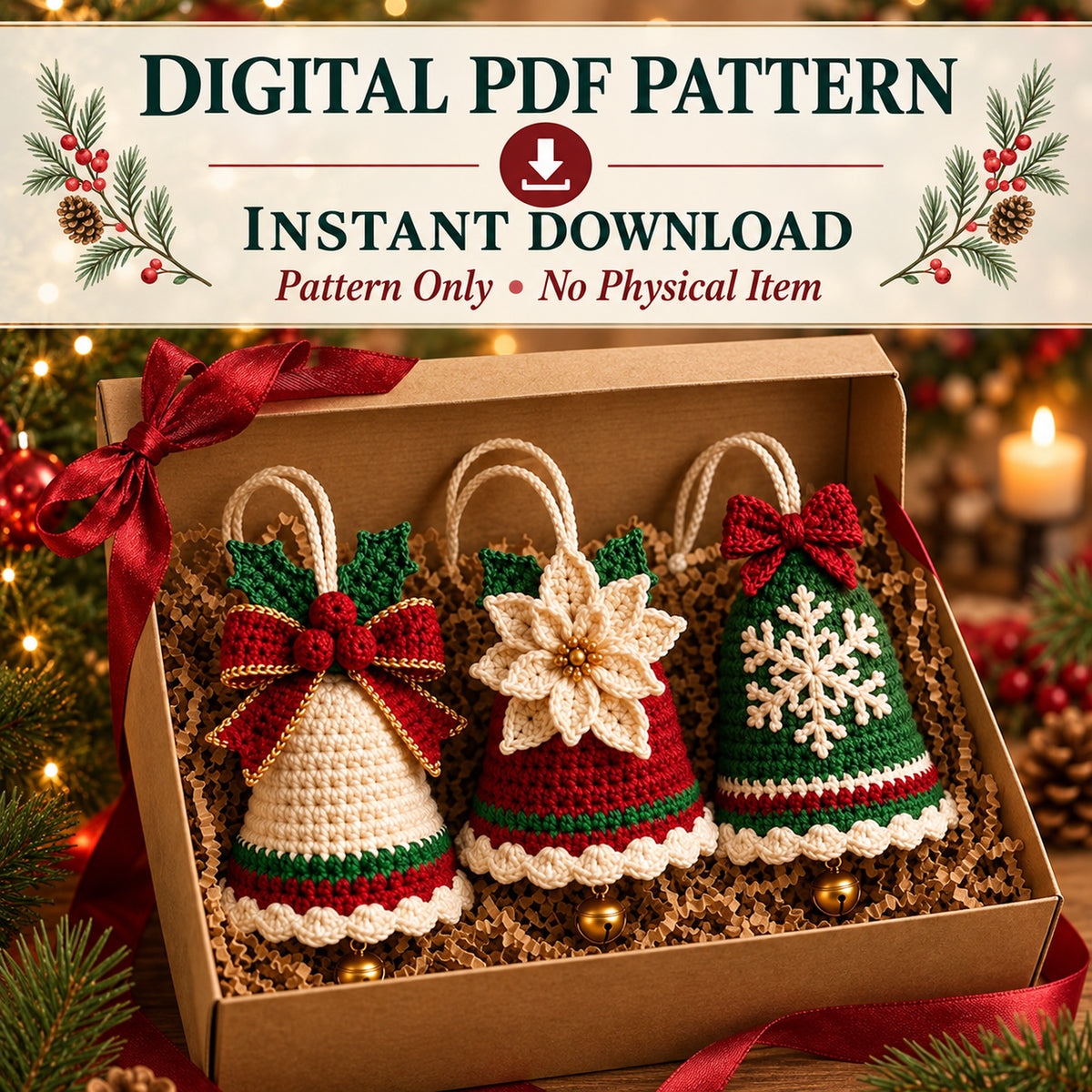 3-in-1 Crochet Christmas Bell Ornament Pattern PDF – Bow, Poinsettia & Snowflake