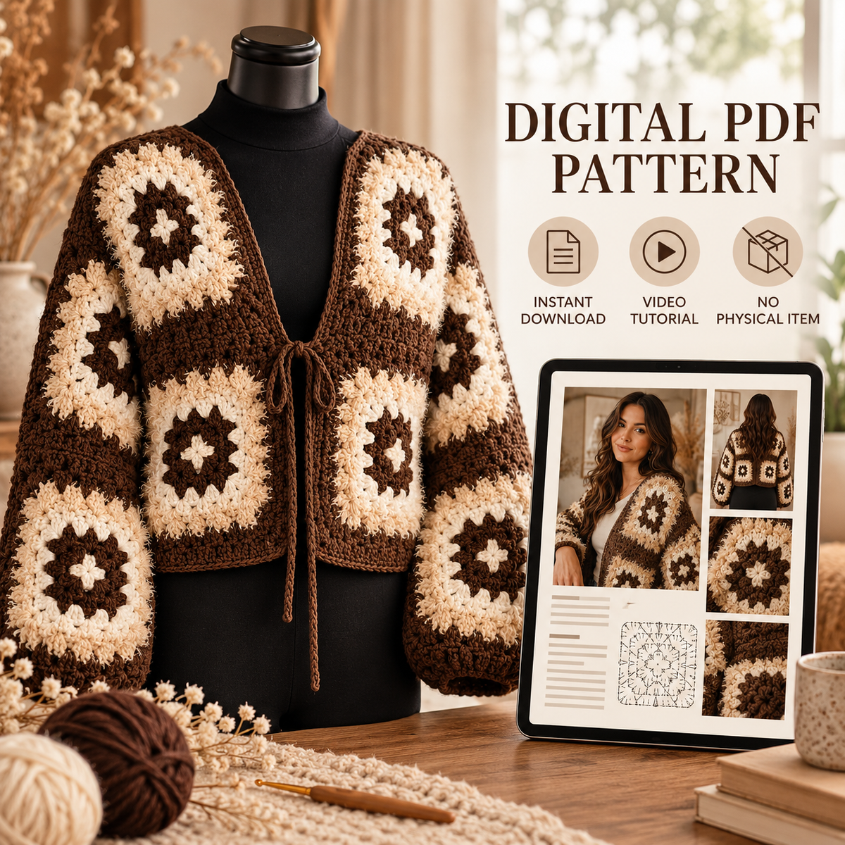 Fuzzy Granny Square Cardigan Crochet Pattern PDF – Cropped Sweater XS–5XL