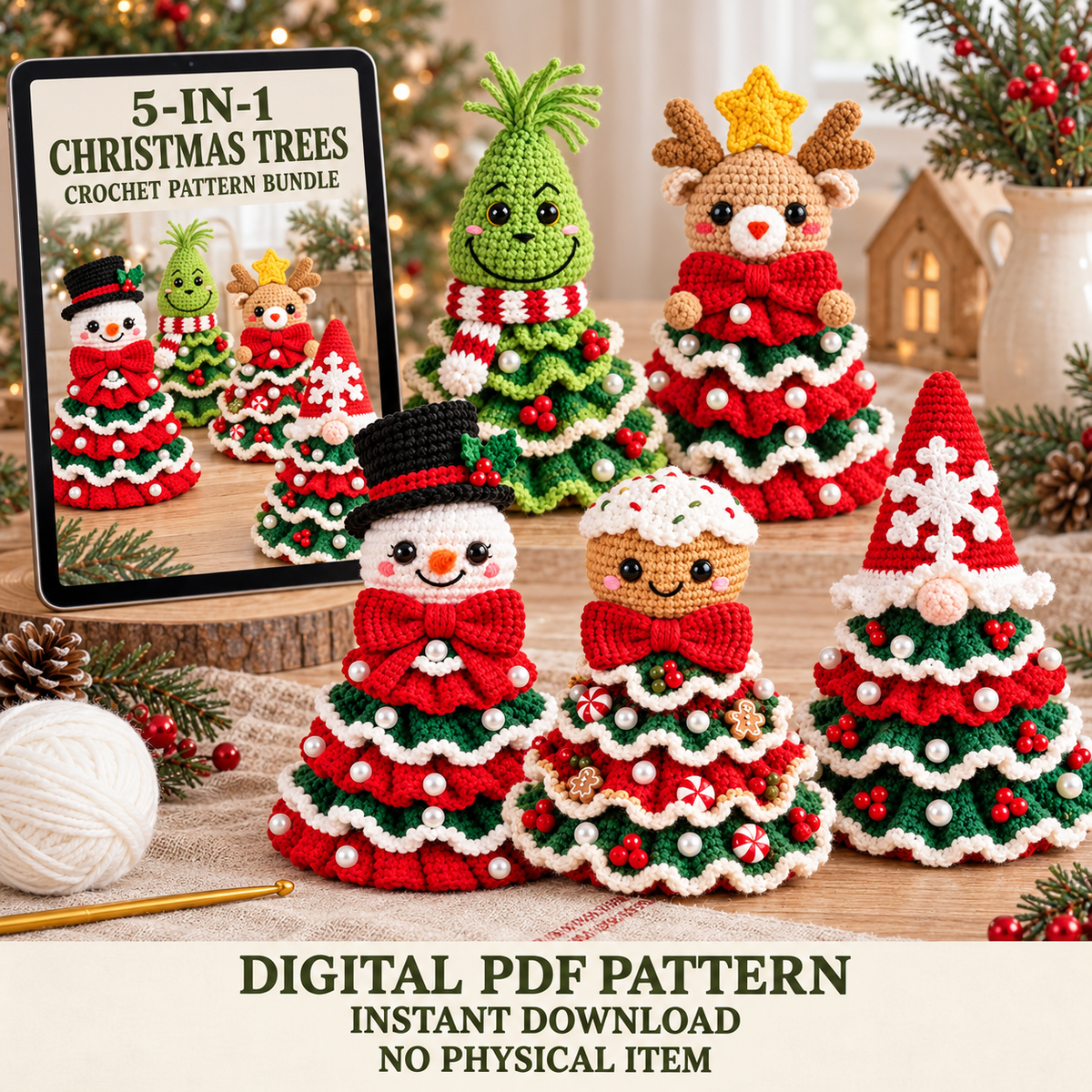5-in-1 Christmas Tree Crochet Pattern Bundle PDF – Reindeer, Snowman & More