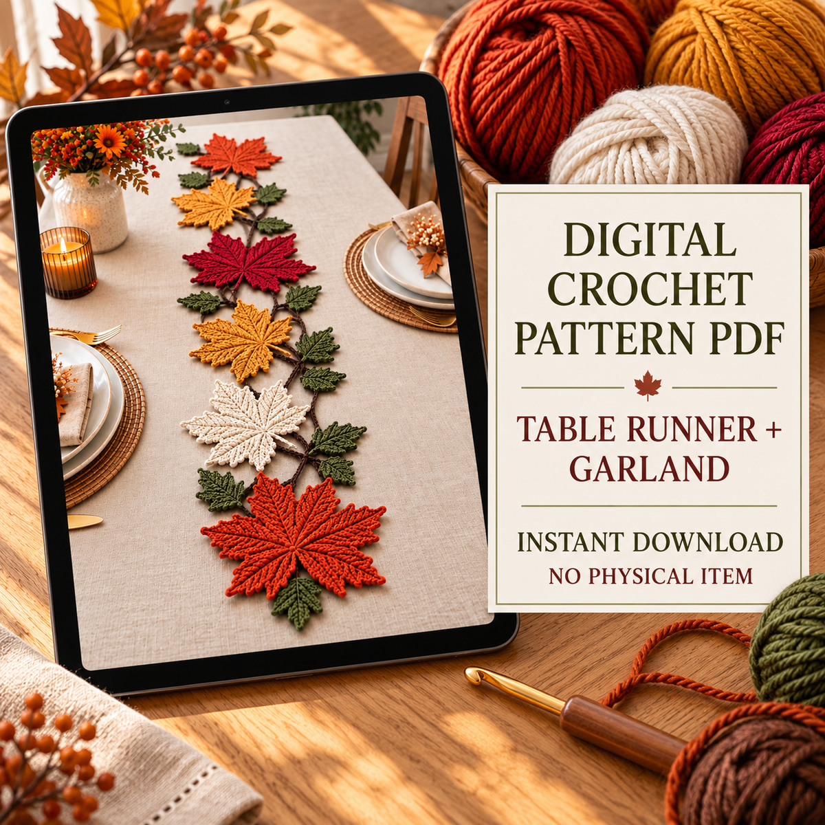 Autumn Maple Leaf Crochet Table Runner Pattern PDF, Fall Thanksgiving Decor