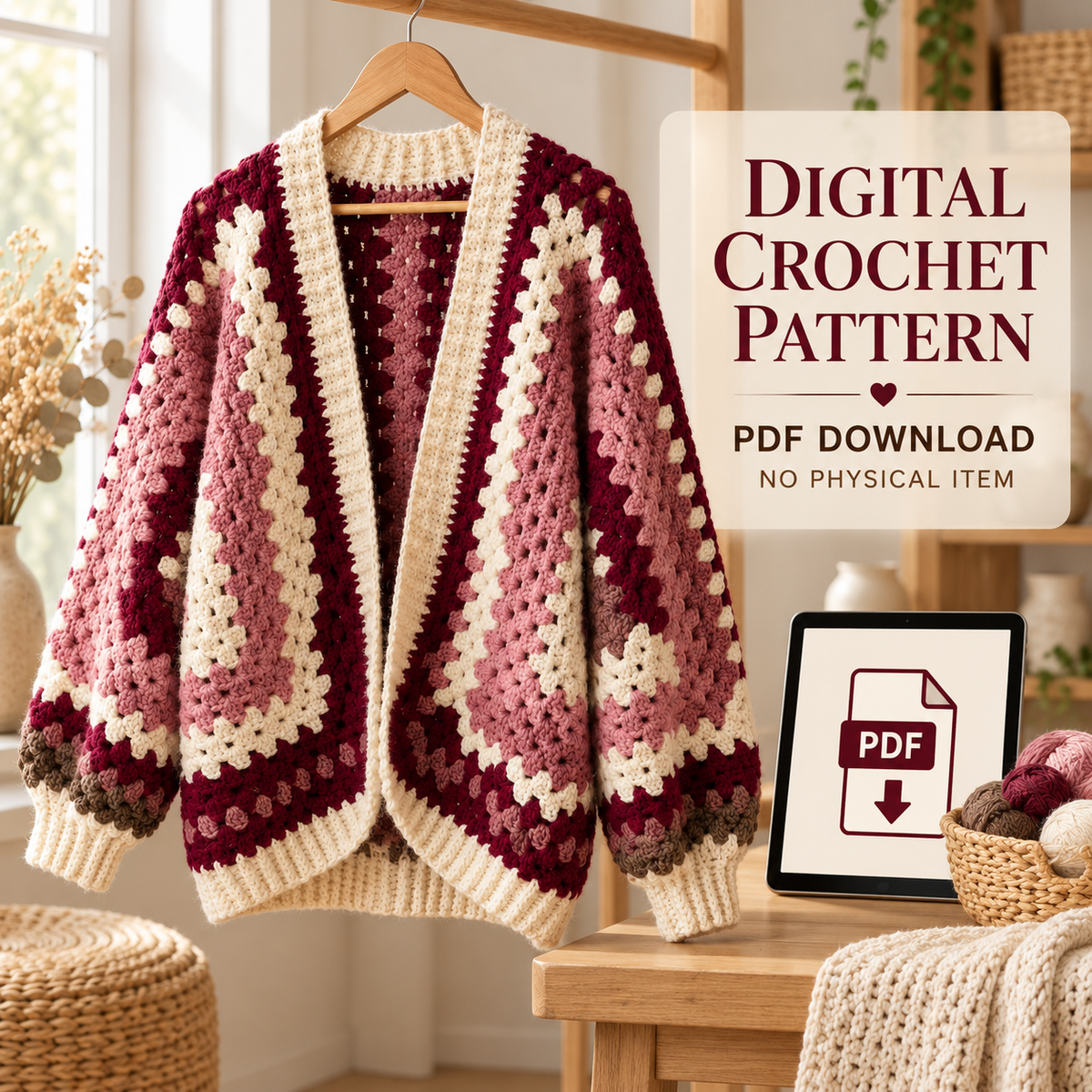 Granny Hexagon Crochet Cardigan Pattern, Oversized Colour Block Sweater PDF, XS–5XL