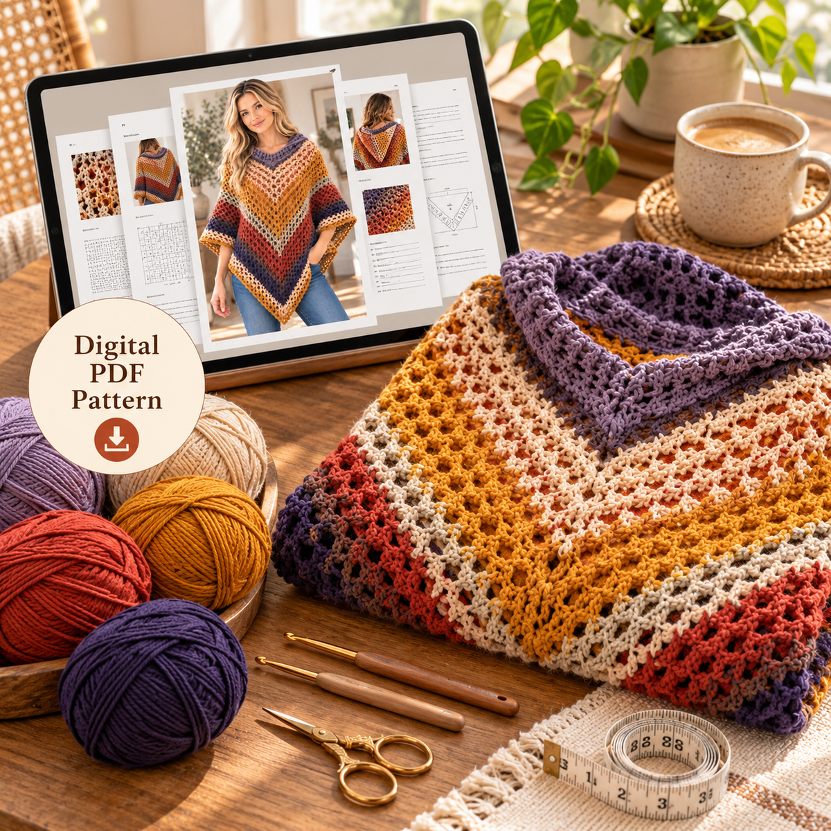 Autumn Leaves Crochet Hooded Poncho Pattern PDF – Colorful Fall Poncho