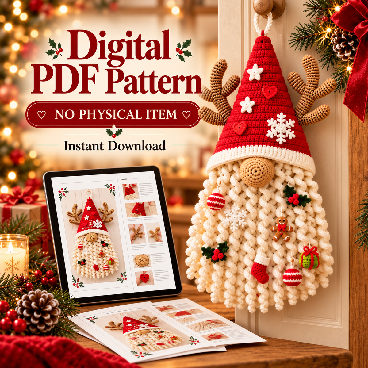 Christmas Gnome Door Hanger Crochet Pattern PDF – Santa Reindeer Gnome