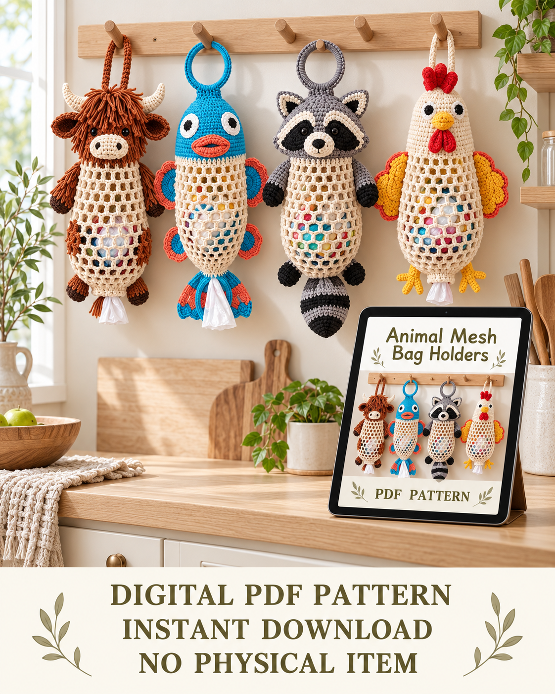 Animal Crochet Plastic Bag Holder Patterns PDF – Cow, Chicken, Fish & Raccoon