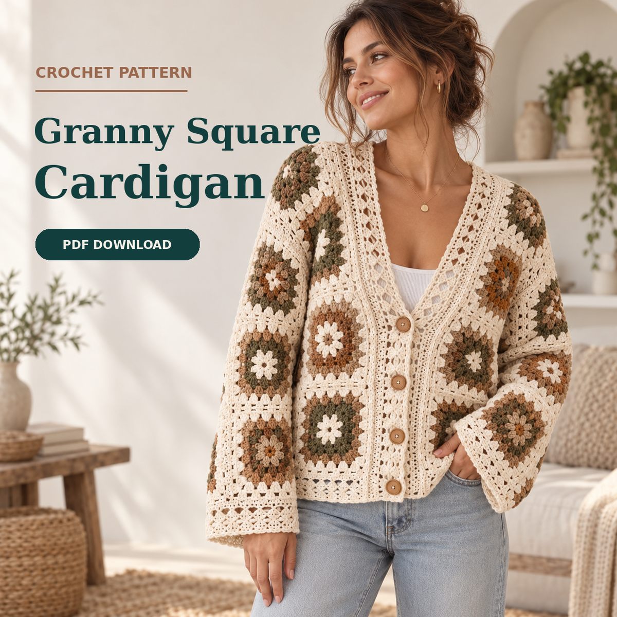 Floral Granny Square Cardigan Crochet Pattern PDF – Boho Sweater