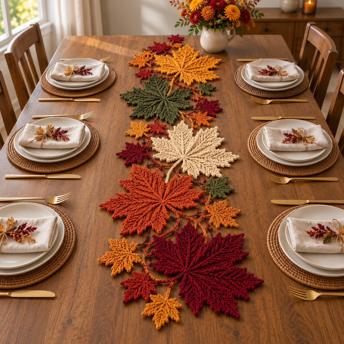 Maple Leaf Crochet Table Runner Pattern PDF – Autumn Botanical Decor