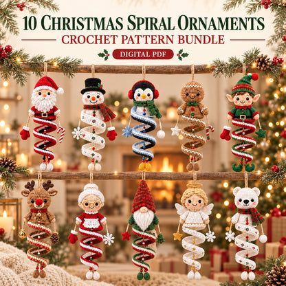 10 Christmas Spiral Ornament Crochet Patterns PDF – Holiday Bundle