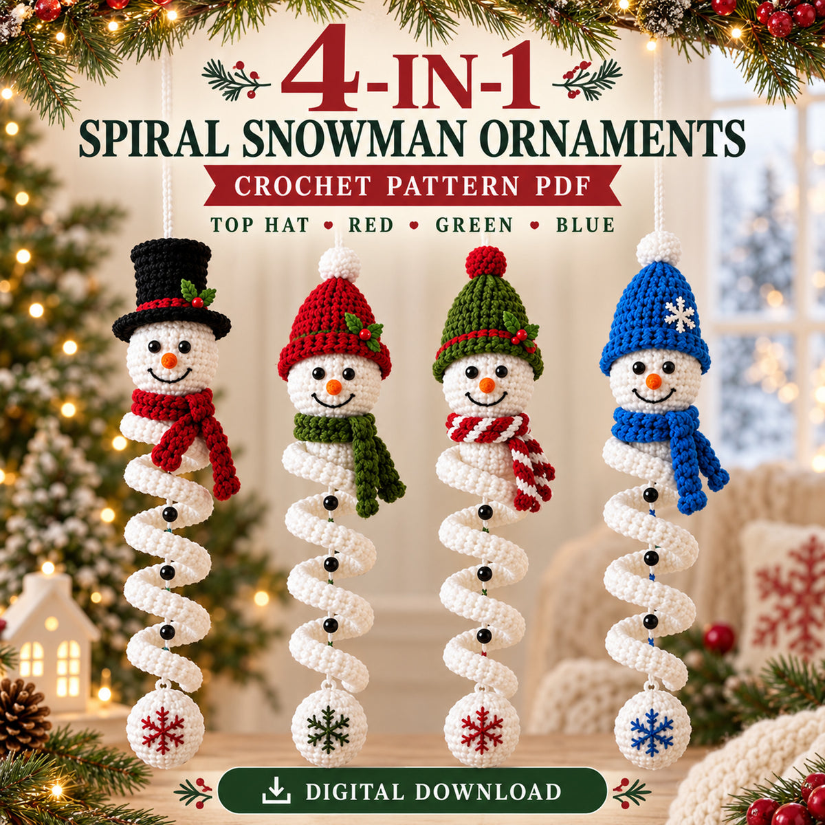 4-in-1 Spiral Snowman Crochet Pattern PDF – Christmas Ornaments