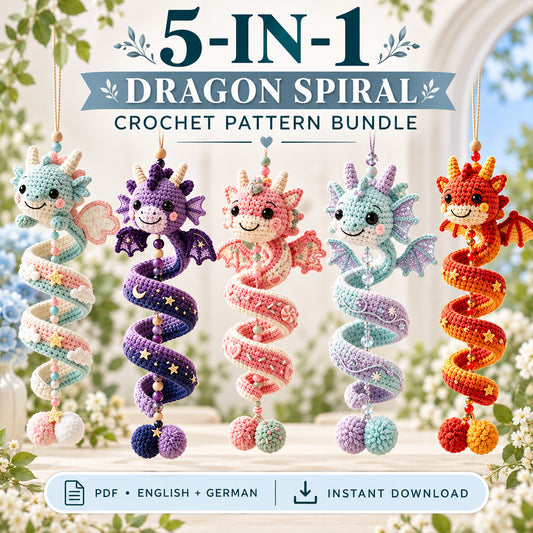 5-in-1 Crochet Spiral Dragon Pattern Bundle – Hanging Dragon PDF