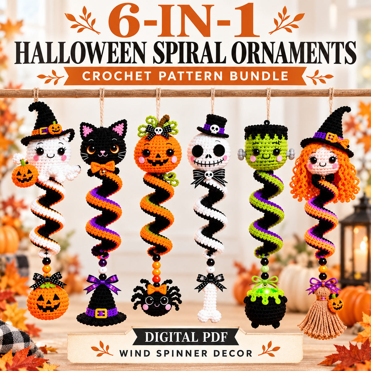 6-in-1 Halloween Spiral Ornament Crochet Pattern Bundle PDF