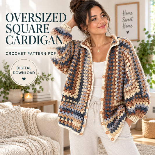 Granny Square Crochet Cardigan Pattern PDF – Oversized Boho Sweater