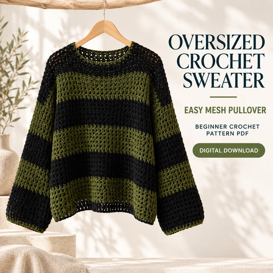 Oversized Crochet Sweater Pattern PDF – Easy Striped Mesh Pullover
