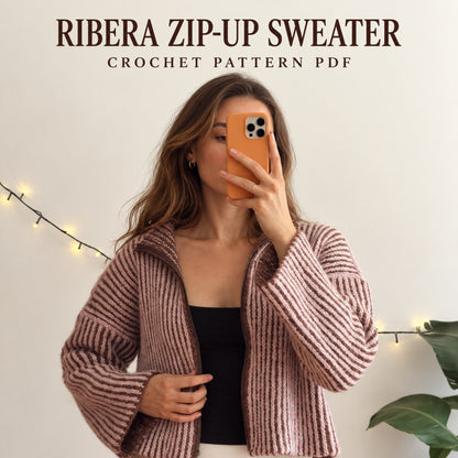 Ribera Zip Up Crochet Sweater Pattern PDF – Ribbed Mock Neck
