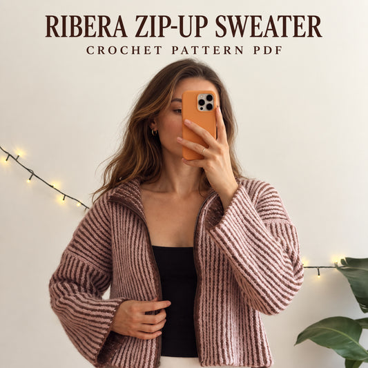 Ribera Zip Up Crochet Sweater Pattern PDF – Ribbed Mock Neck
