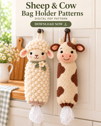 Sheep & Cow Crochet Bag Holder Patterns PDF – Farmhouse Kitchen Decor