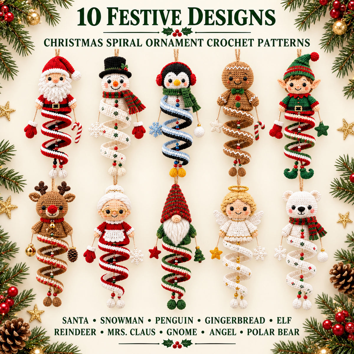 10 Christmas Spiral Ornament Crochet Patterns PDF – Holiday Bundle