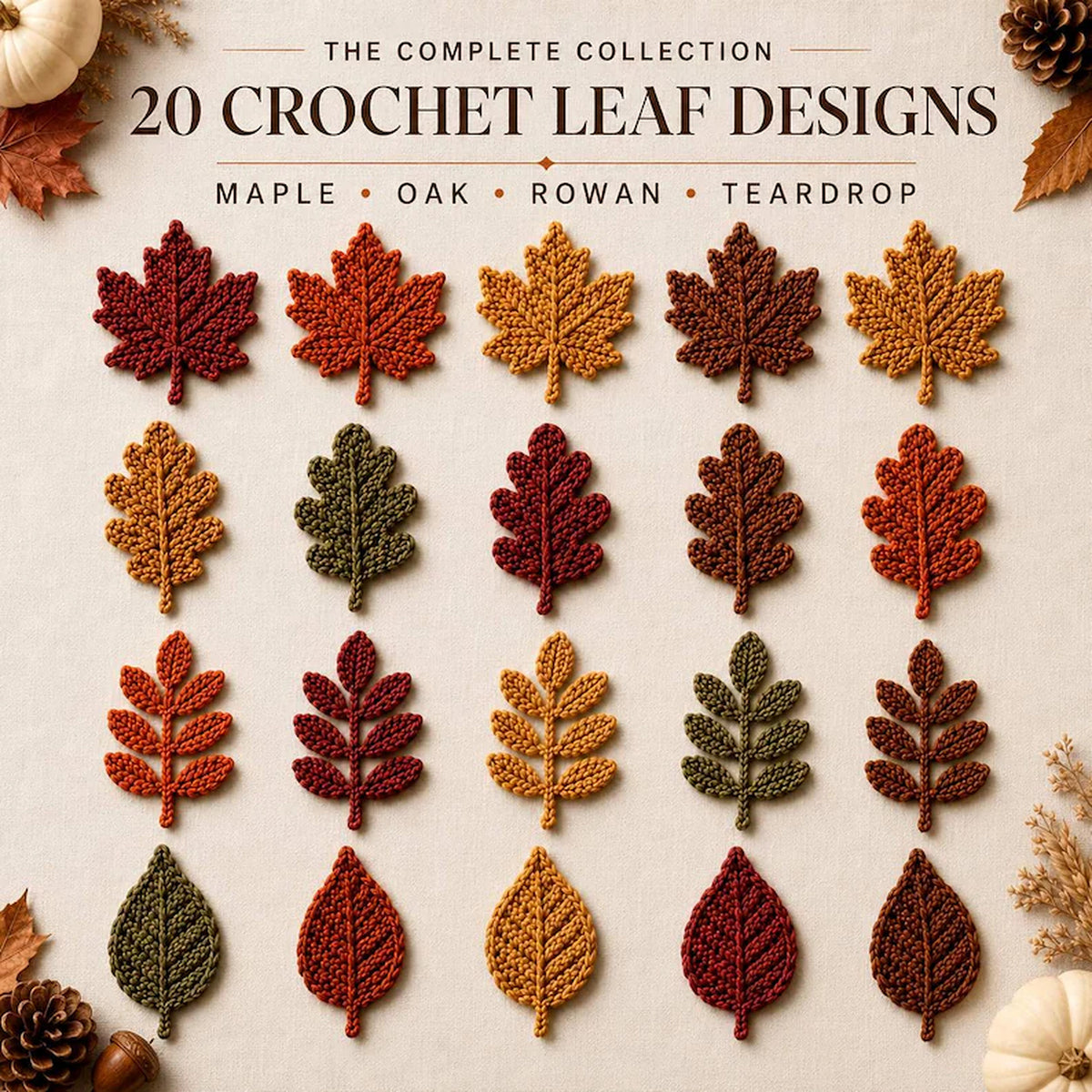 20 Autumn Leaf Crochet Patterns PDF – Maple, Oak, Rowan & Teardrop Leaves