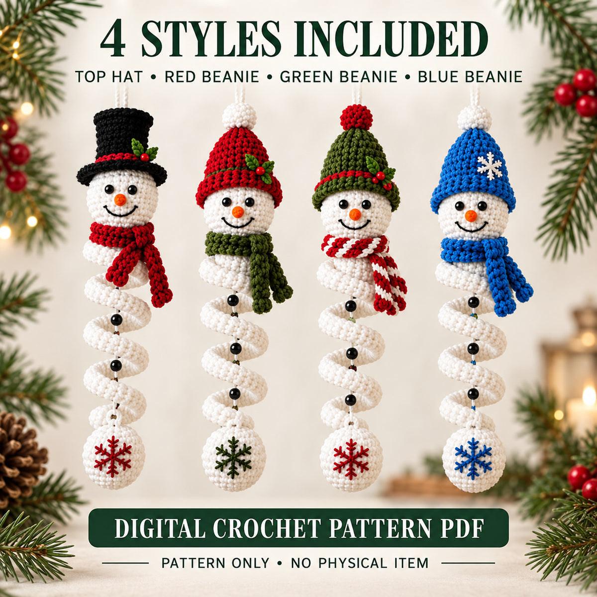 4-in-1 Spiral Snowman Crochet Pattern PDF – Christmas Ornaments