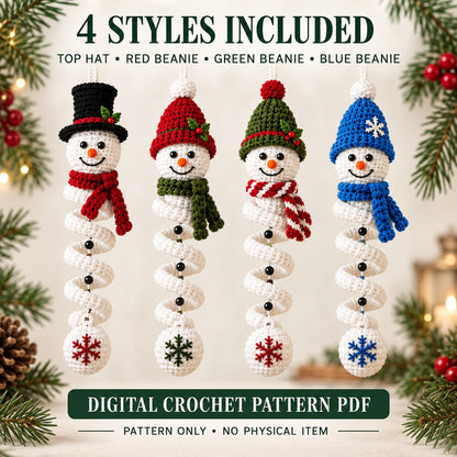 4-in-1 Spiral Snowman Crochet Pattern PDF – Christmas Ornaments