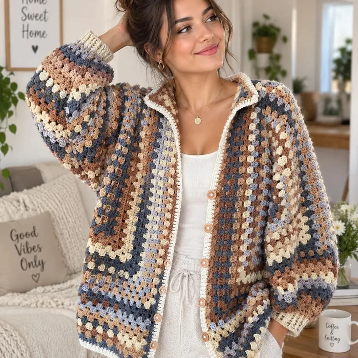 Granny Square Crochet Cardigan Pattern PDF – Oversized Boho Sweater