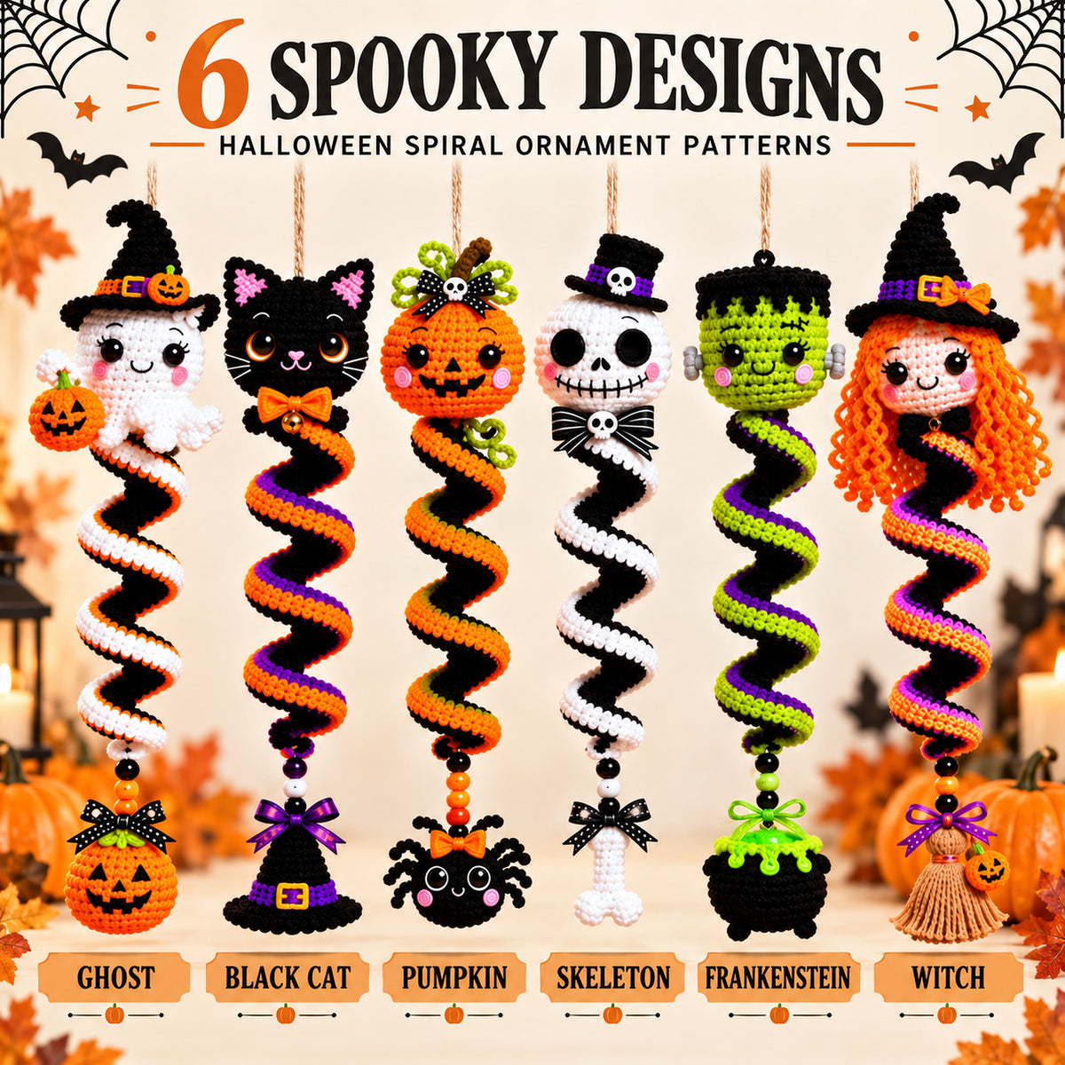 6-in-1 Halloween Spiral Ornament Crochet Pattern Bundle PDF