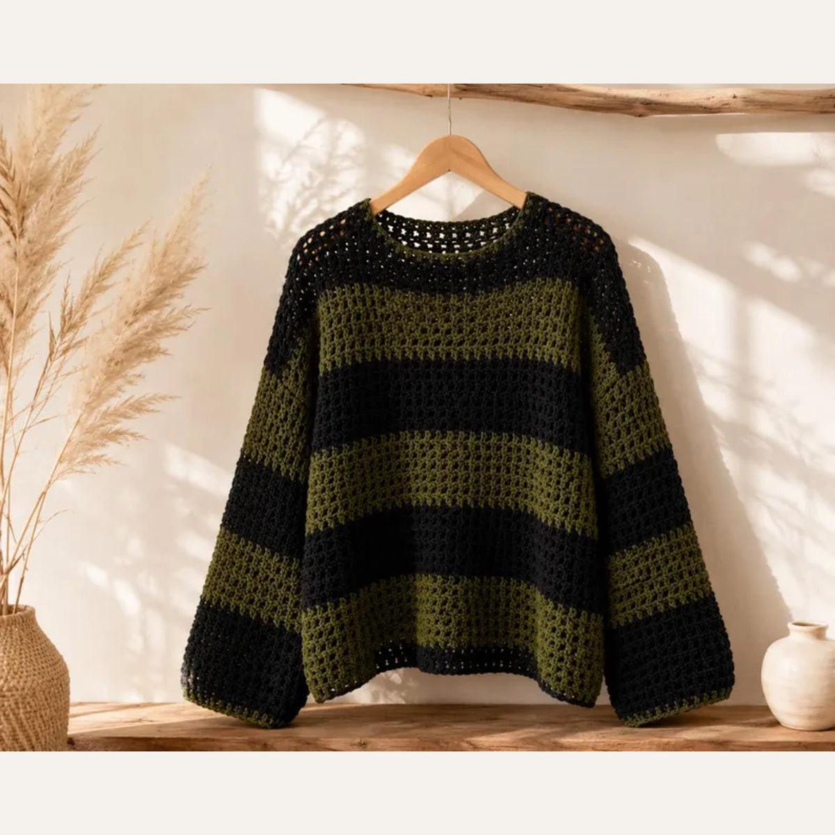 Oversized Crochet Sweater Pattern PDF – Easy Striped Mesh Pullover