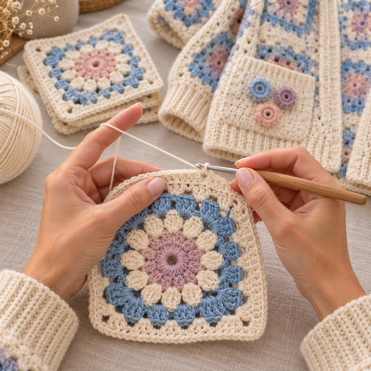 Floral Granny Square Cardigan Crochet Pattern PDF – Boho Flower Sweater